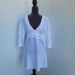 SWIM SYSTEMS 3/4 Sleeve Cover Up DRESS V-Neck Tie White Cotton Beaded Size L